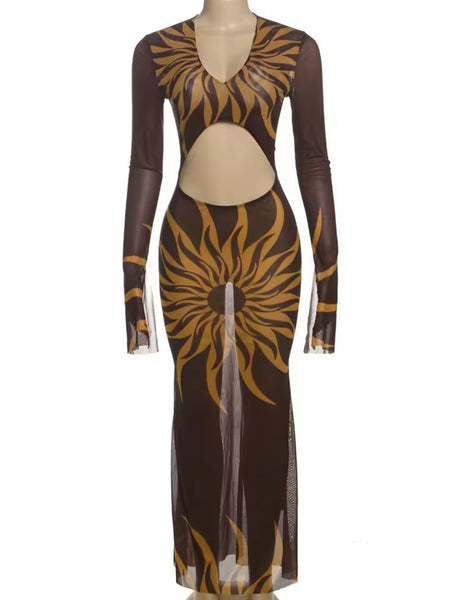 Women Sexy Brown Printed Full Sleeve Cut Out Mesh Maxi Dress
