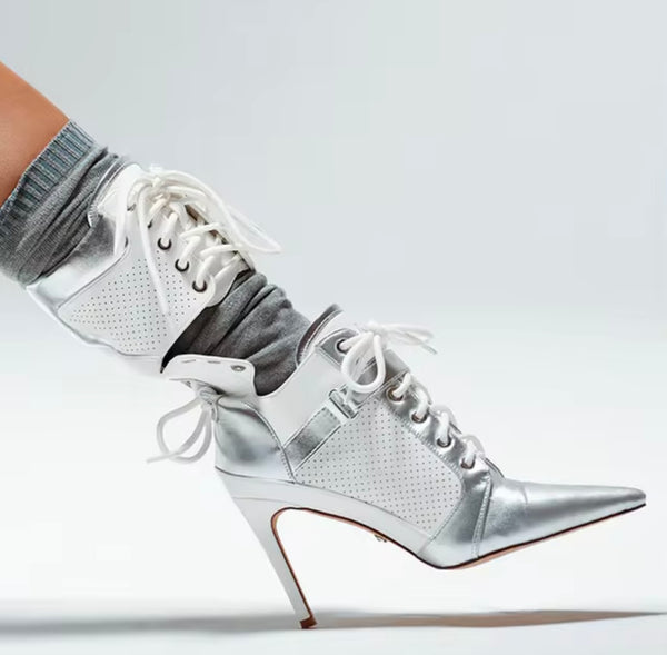 Women Pointed Toe Color Patchwork Lace Up Fashion Boots