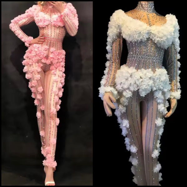 Women Sexy Floral Rhinestone Mesh Full Sleeve Jumpsuit