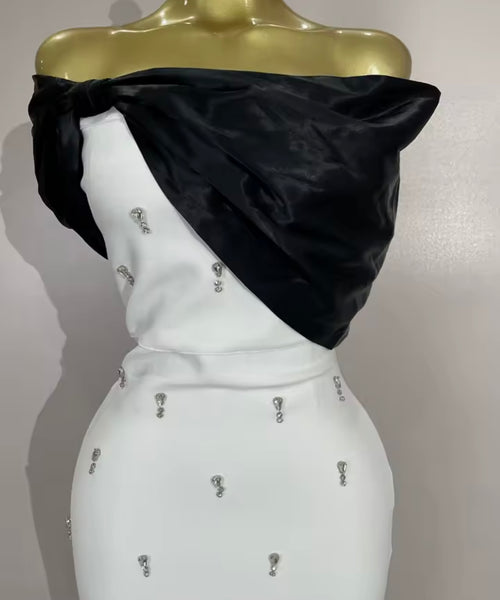 Women Sexy B&W Off The Shoulder Rhinestone Maxi Dress