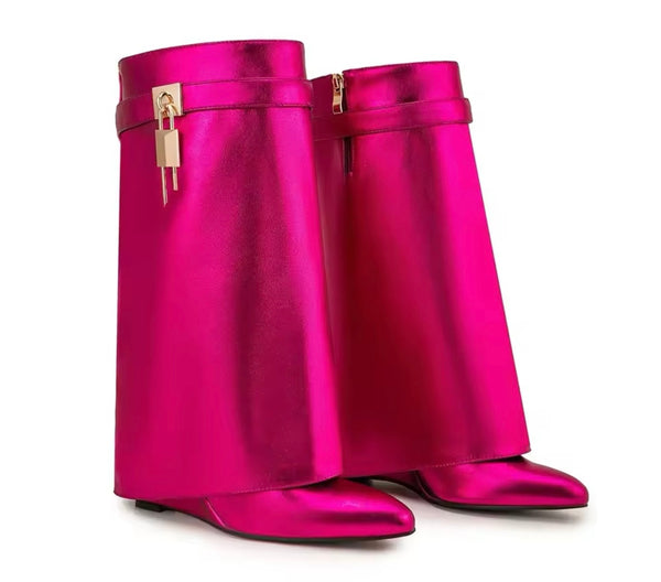 Women Fashion Color Metallic Buckled Lock Wedge Boots