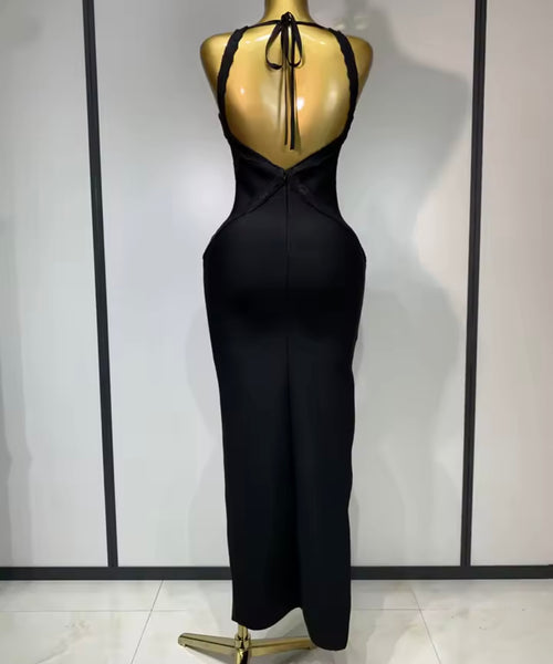 Women Sexy Ruffled Sleeveless Black Open Back Maxi Dress