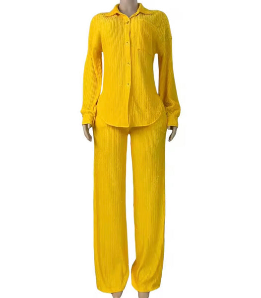 Women Button Up Full Sleeve Ribbed Two Piece Pant Set