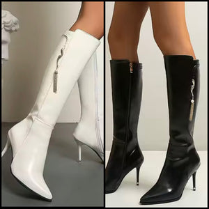 Women Pointed Toe Chain Tassel Knee High Fashion Boots