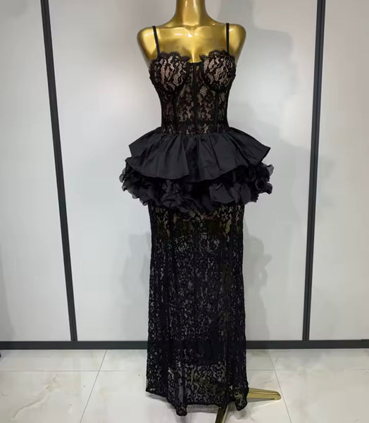 Women Black Sleeveless Sexy Lace Ruffled Maxi Dress