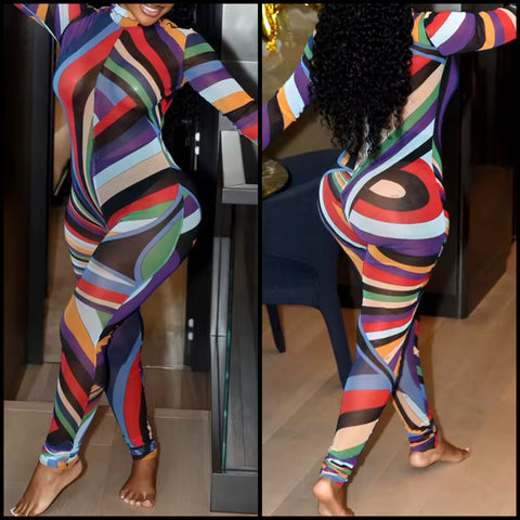 Women Sexy Multicolored Striped Mesh Full Sleeve Jumpsuit