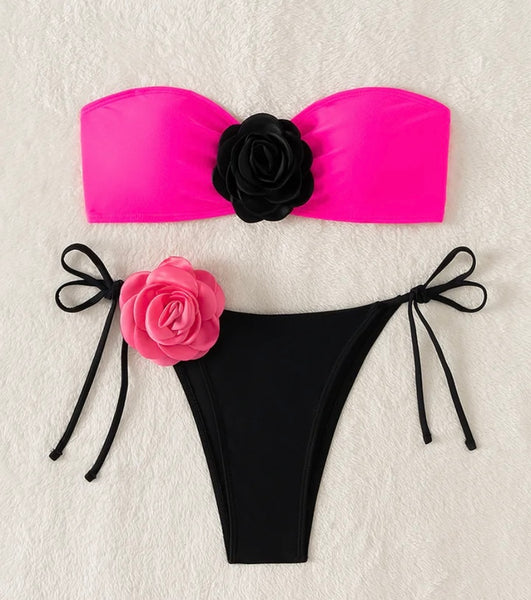 Women Sexy Strapless Floral Color Patchwork Bikini Swimsuit