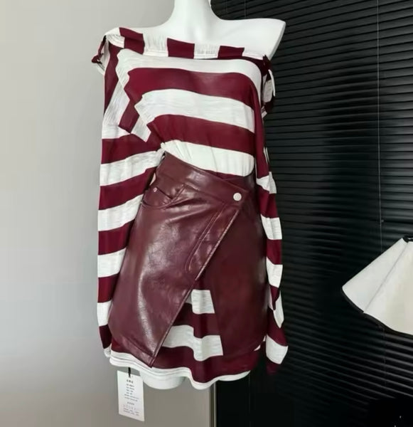 Women Fashion Striped Full Sleeve Two Piece PU Skirt Set