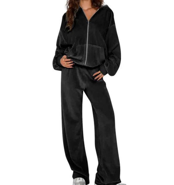 Women Color Fashion Hooded Velour Tracksuit Two Piece Pant Set