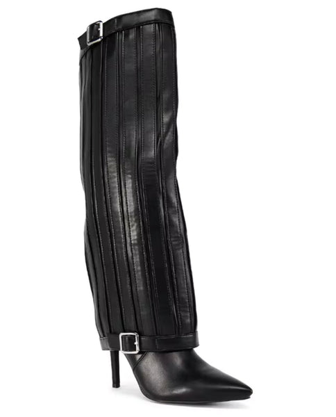 Women Pointed Toe Buckled Black Fashion Knee High Boots