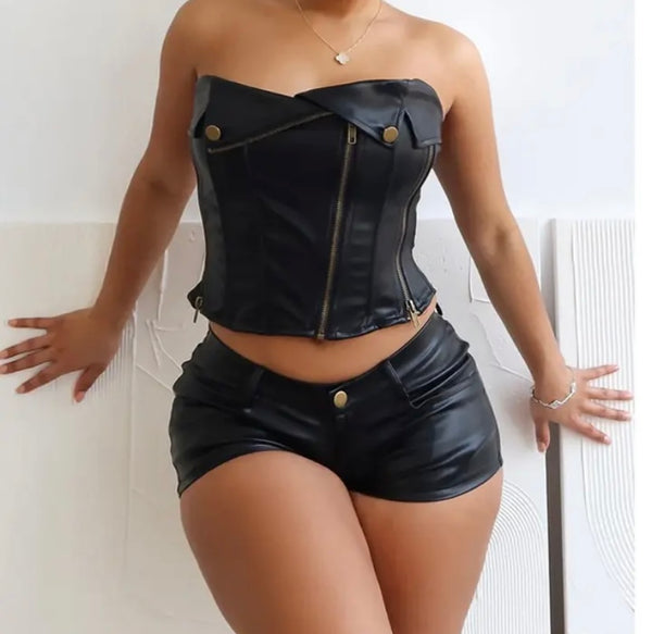 Women Black Sexy Strapless Faux Leather Zipper Two Piece Short Set