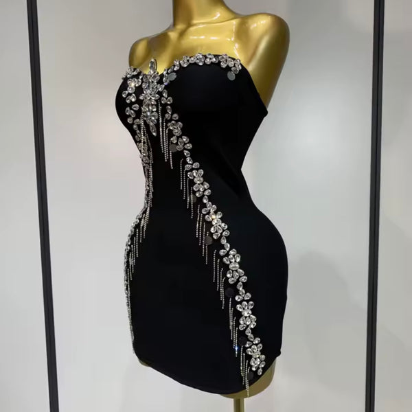 Women Black Sexy Strapless Rhinestone Tassel Dress