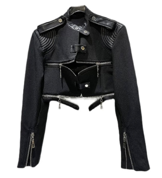 Women Faux Leather Patchwork Zipper Fashion Jacket