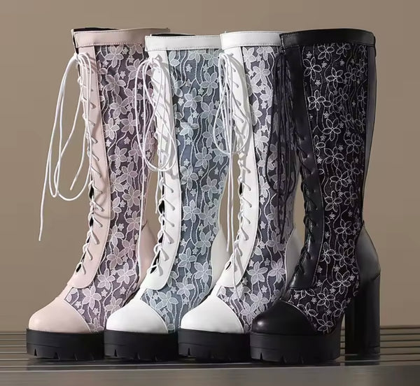 Women Fashion Color Floral Mesh Lace Up Platform Knee High Boots