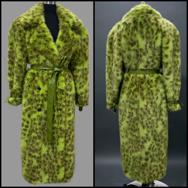 Women Fashion Green Leopard Print Faux Fur Long Jacket