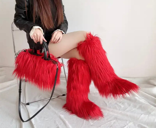 Women Fashion Color Faux Fur Knee High Boots Purse Set