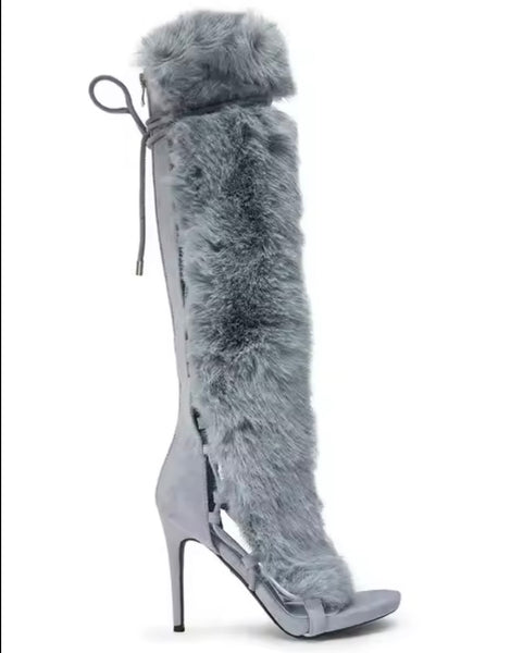 Women Fashion Open Toe Fur Patchwork Knee High Sandals