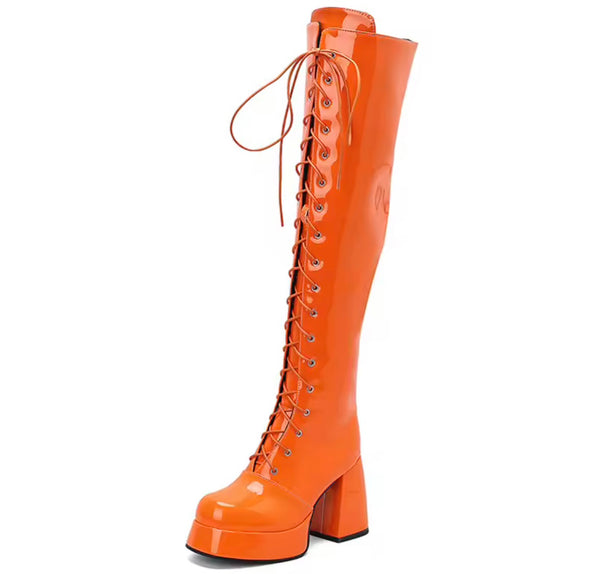 Women Fashion Patent Leather Lace Up Knee High Boots