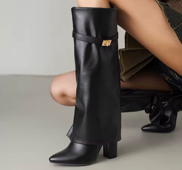Women Pointed Toe Buckled Fashion Faux Leather Knee High Boots