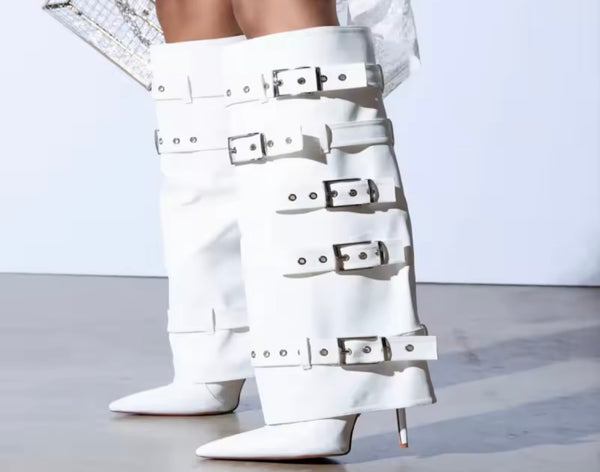 Women White Pointed Toe Buckled Fashion Knee High Boots