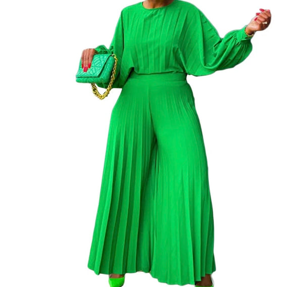 Women Fashion Full Sleeve Solid Color Two Piece Pleated Pant Set
