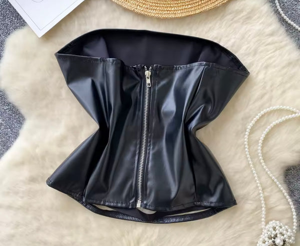 Women Strapless PU Ripped Fashion Crop Top