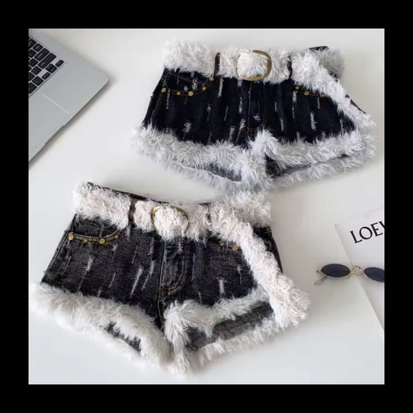 Women Fashion Ripped Faux Fur Patchwork Denim Shorts