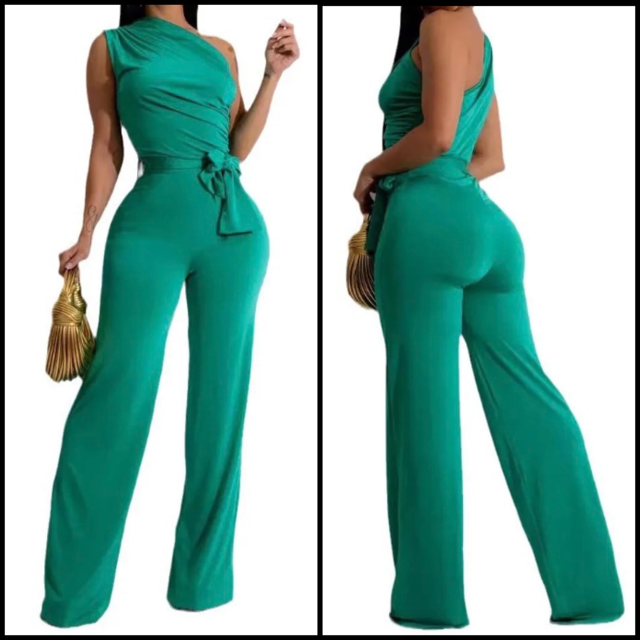 Women Green Sexy One Shoulder Sleeveless Jumpsuit