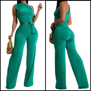 Women Green Sexy One Shoulder Sleeveless Jumpsuit