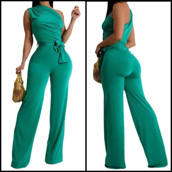 Women Green Sexy One Shoulder Sleeveless Jumpsuit