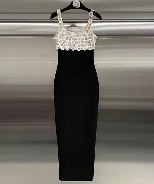 Women Sexy B&W Beaded Bling Sleeveless Maxi Dress