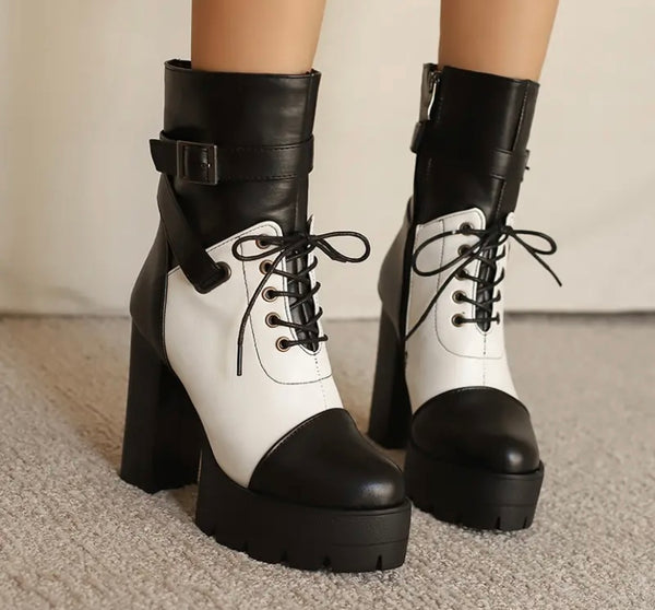 Women Fashion Color Patchwork Lace Up Platform Ankle Boots