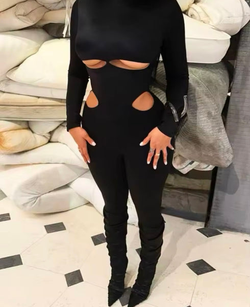 Women Black Sexy Cut Out Full Sleeve Jumpsuit