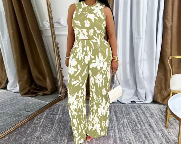 Women Sleeveless Color Floral Print Two Piece Pant Set
