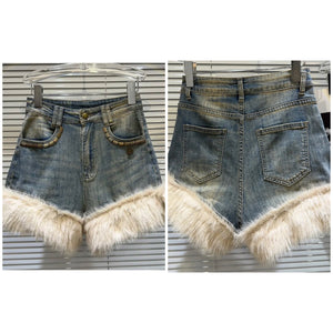 Women Denim Faux Fur Patchwork Fashion Shorts