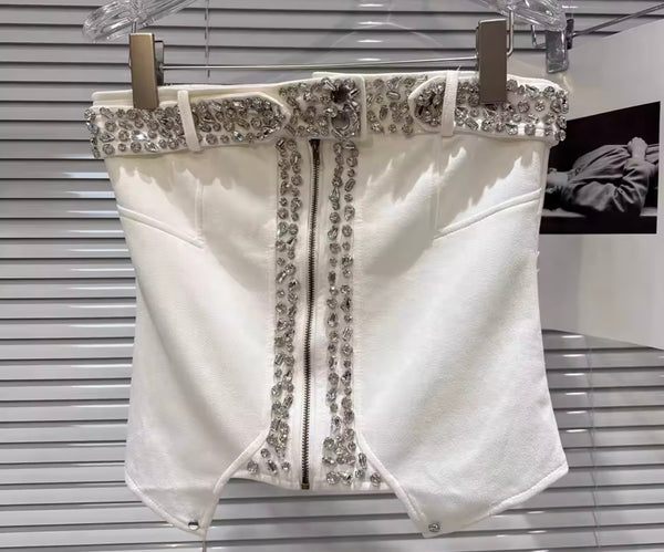 Women Fashion Strapless Suede Rhinestone Crop Top