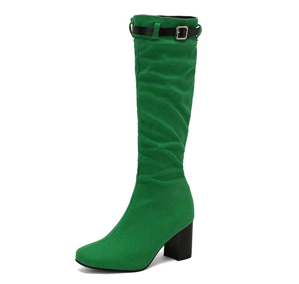 Women Fashion Color Buckled Zip Up Knee High Boots