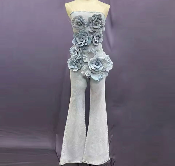 Women Fashion Strapless 3D Floral Denim Jumpsuit