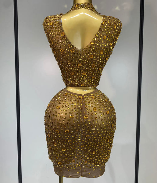 Women Sexy Sleeveless Crystal Mesh Two Piece Skirt Set