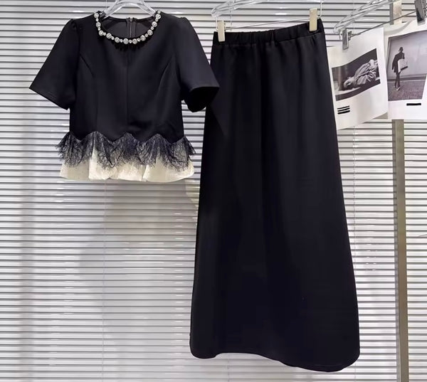 Women Black Rhinestone Collar Short Sleeve Two Piece Maxi Skirt Set