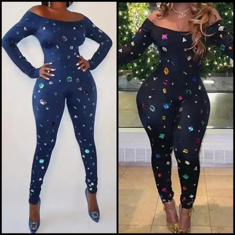 Women Sexy Printed Off The Shoulder Full Sleeve Jumpsuit