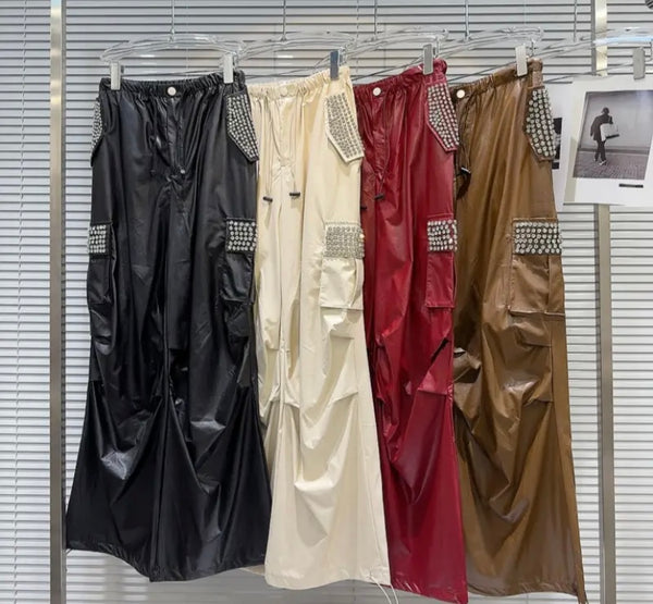 Women Fashion Faux Leather Bling Cargo Pants