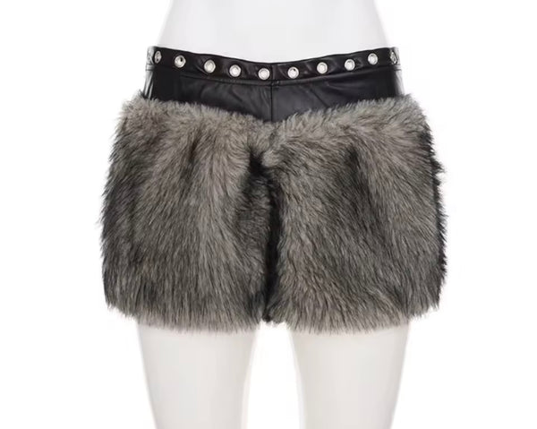Women Faux  Fur Leather Patchwork Fashion Shorts
