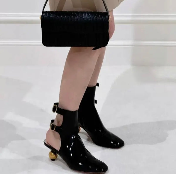 Women Black Fashion Gold Buckled Patent Leather Ankle/Knee High Boots