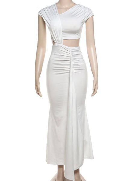 Women White Mesh Cut Out Sexy Maxi Dress