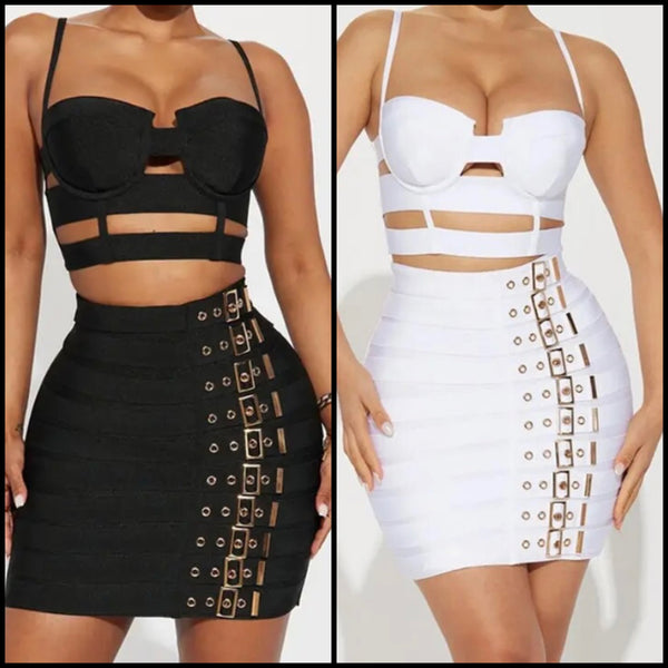 Women Sexy Sleeveless Buckled Bandage Two Piece Skirt Set