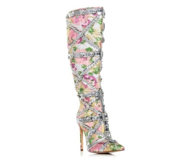 Women Multicolored Floral Crystal Fashion Knee High Boots