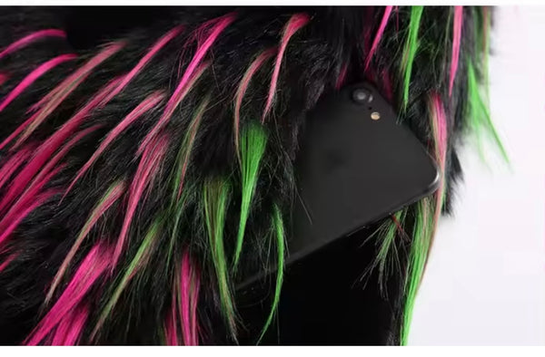 Women Fashion Multicolored Faux Fur Long Coat