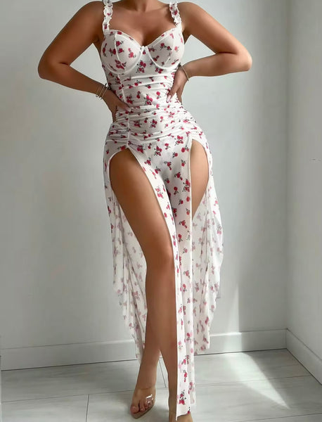 Women Sexy Sleeveless Side Splits Floral Mesh Nightgown