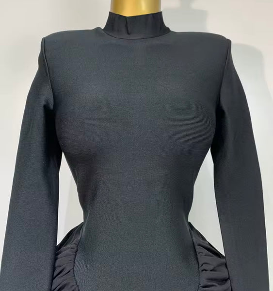 Women Sexy Solid Color Ruched Full Sleeve Maxi Dress
